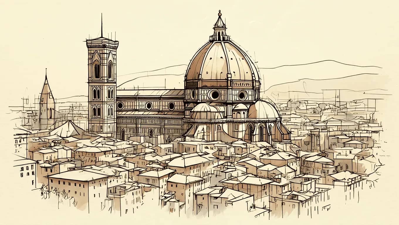 Cathedral thinking for impact, an architectural line drawing of a domed cathedral above a city.