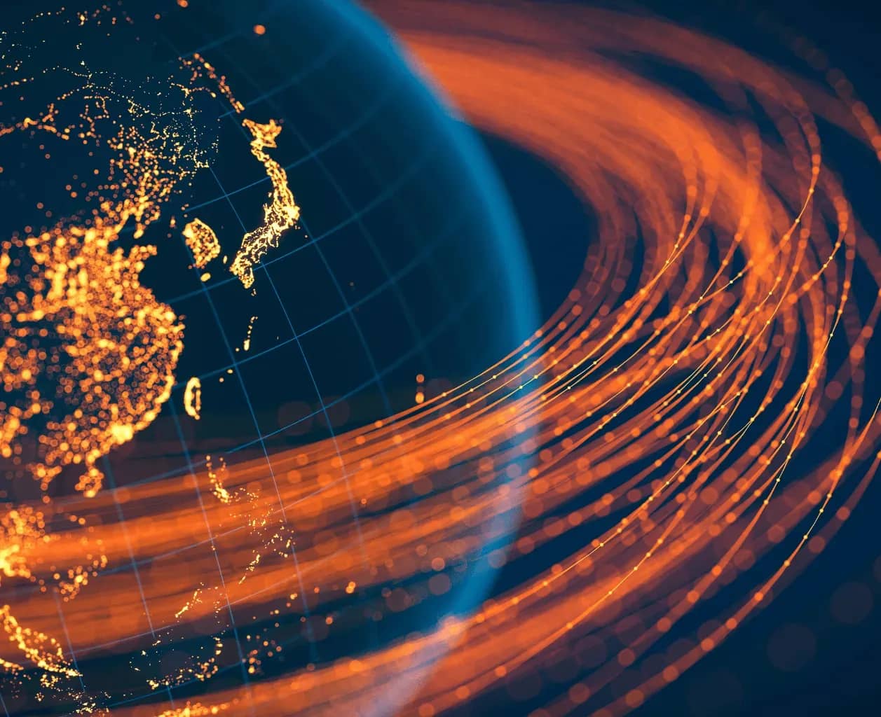 Family office risk management, a glowing orange particle cloud and light trails arcing across a dark blue grid.