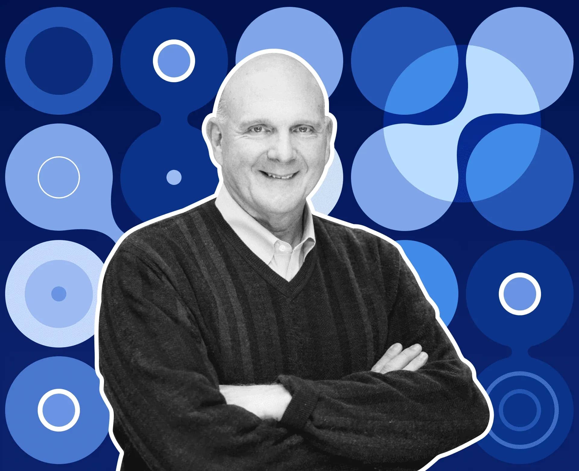The Ballmer Group, a portrait of Steve Ballmer with arms folded against a graphic of blue circles.