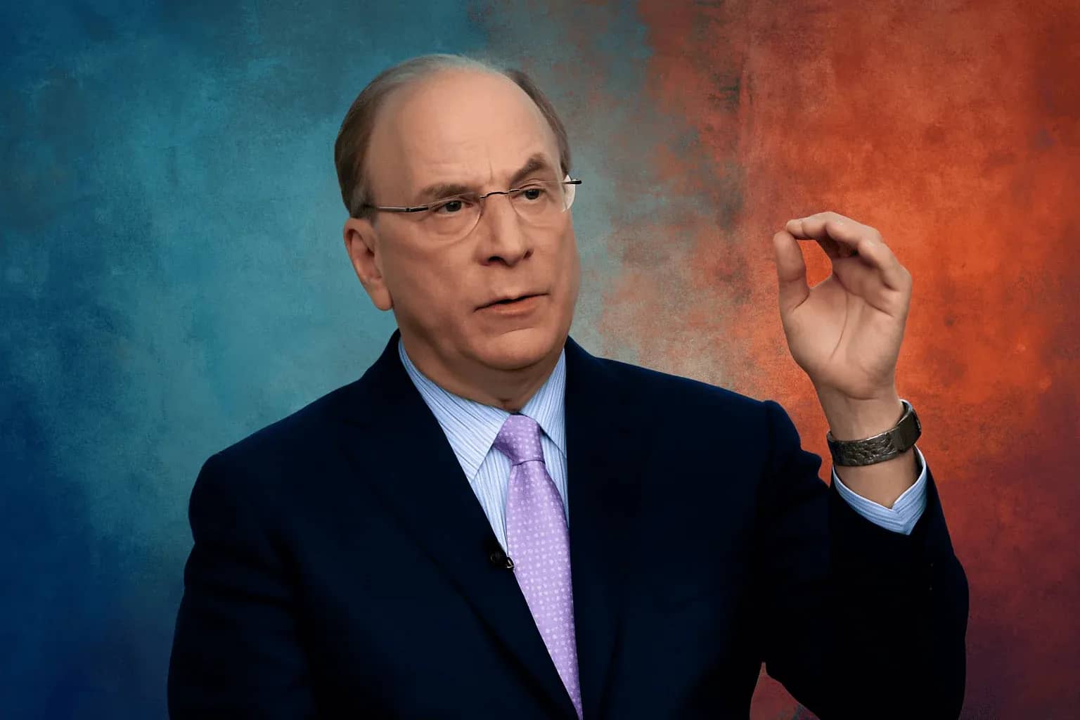 Larry Fink and BlackRock, a portrait of the BlackRock chief executive raising a hand against a blue and rust backdrop.