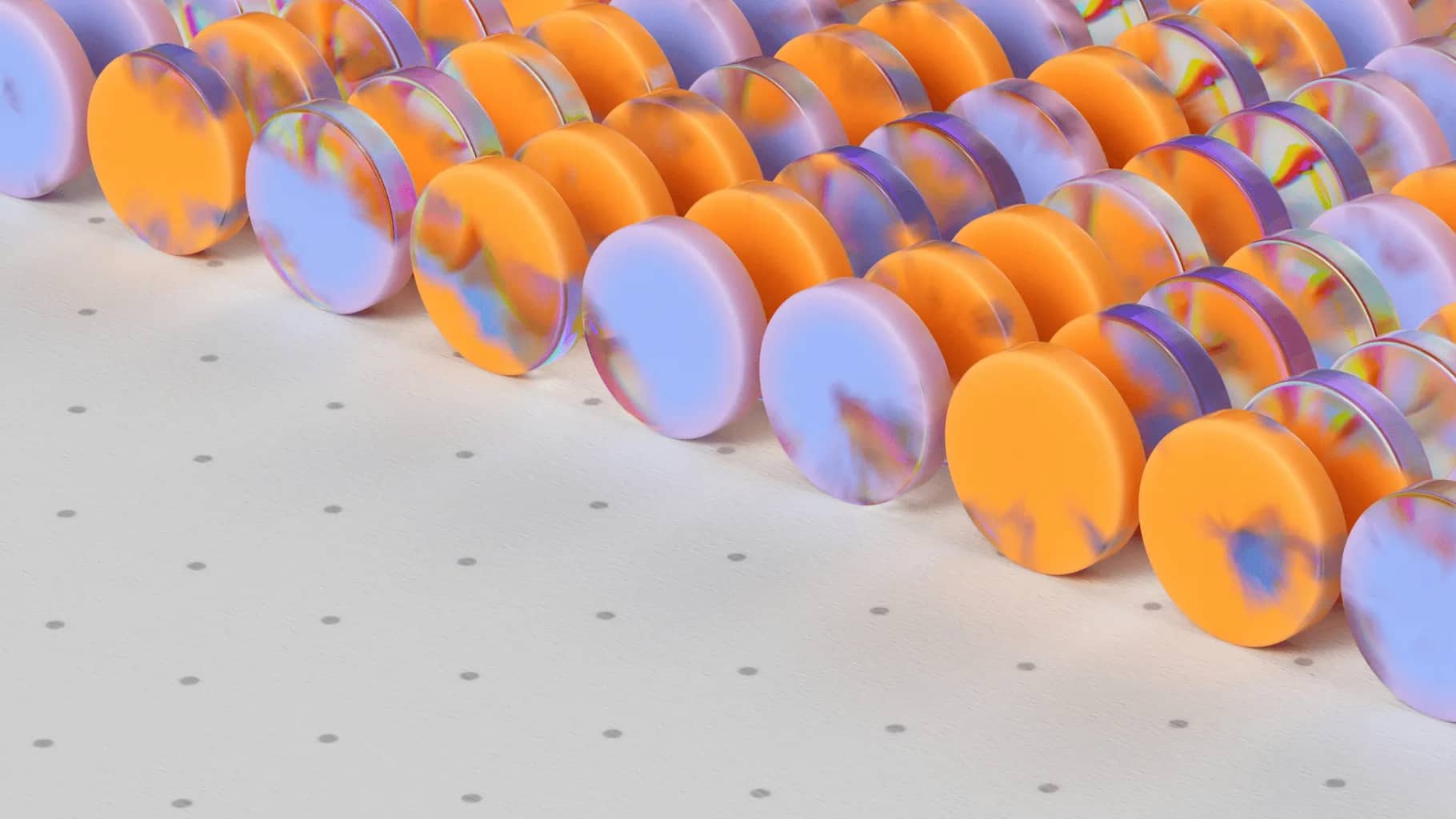 Q4 analysed, a row of orange and iridescent discs leaning against each other.