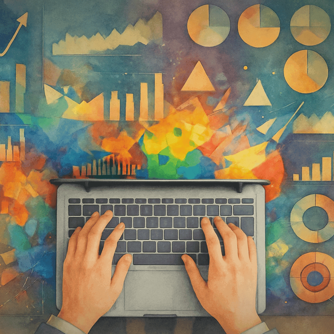 Illustration of hands typing on a laptop with colourful financial charts and graphs, representing fractional CFO services