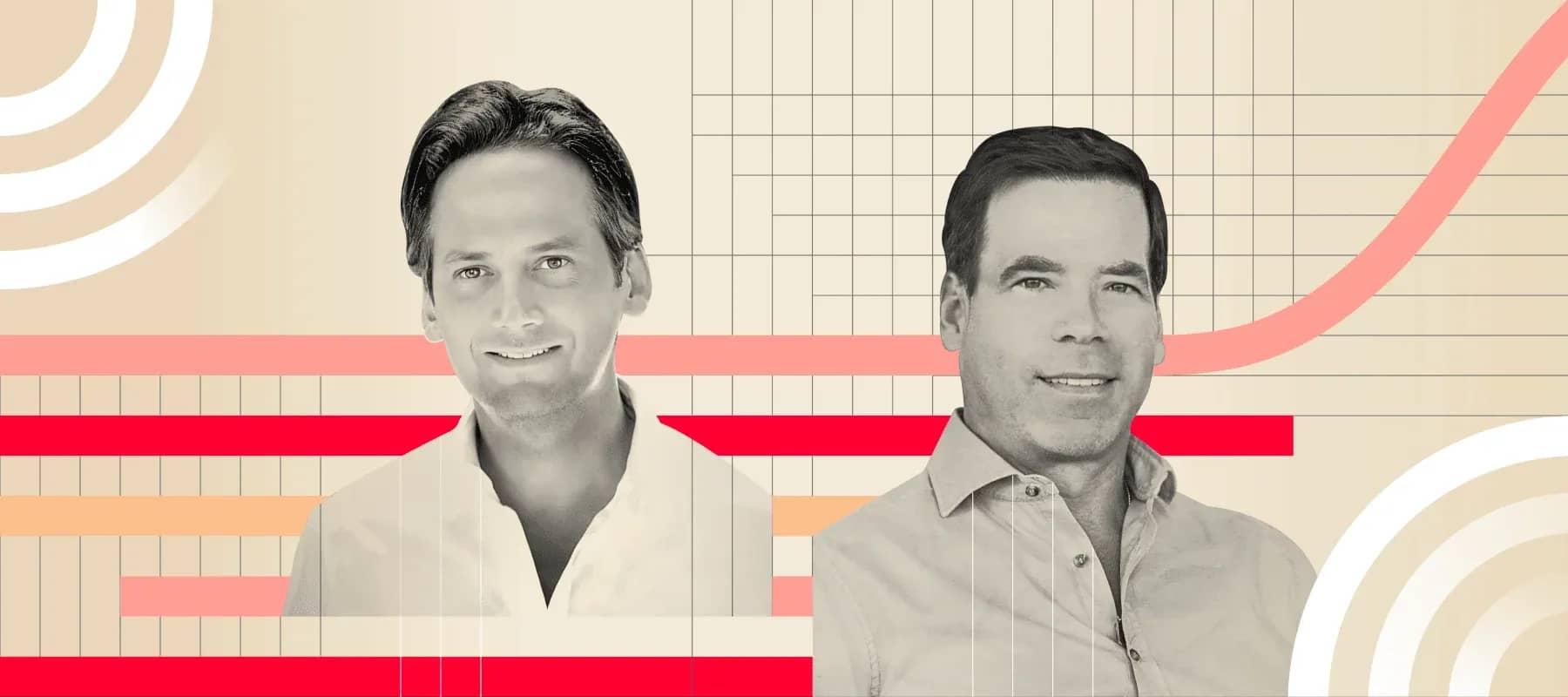 Masttro's origins, portraits of two founders on a cream and red graphic background.