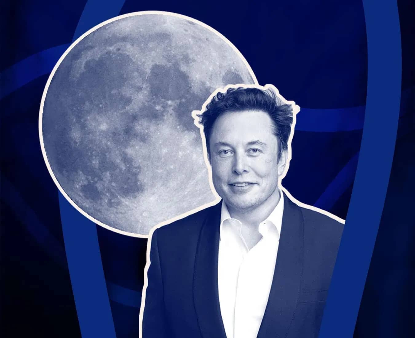 Elon Musk family office, a monochrome portrait of Elon Musk beside a large full moon on a navy background.