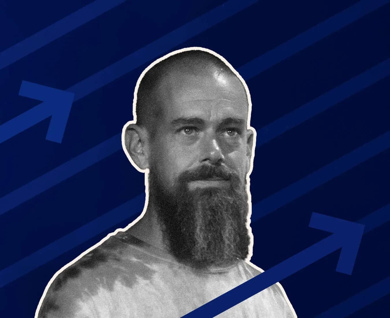 Jack Dorsey wealth, a monochrome portrait of a bearded man looking straight ahead against angular blue shapes.