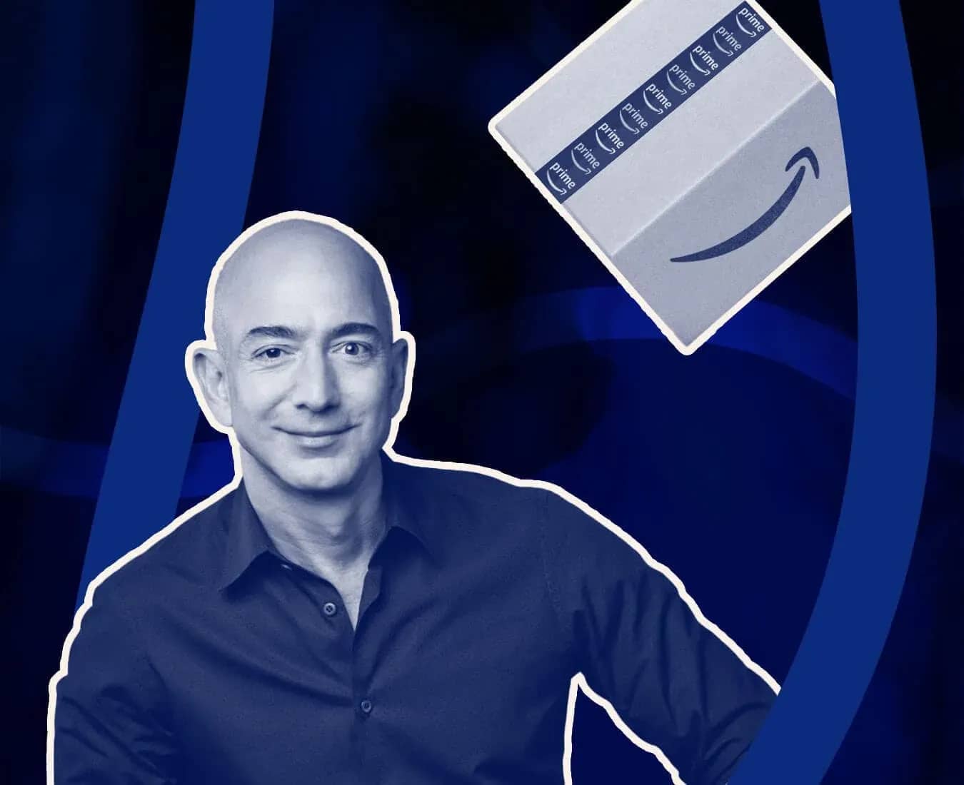 Bezos Expeditions, a monochrome portrait of Jeff Bezos smiling against a deep blue background with a chevron motif.
