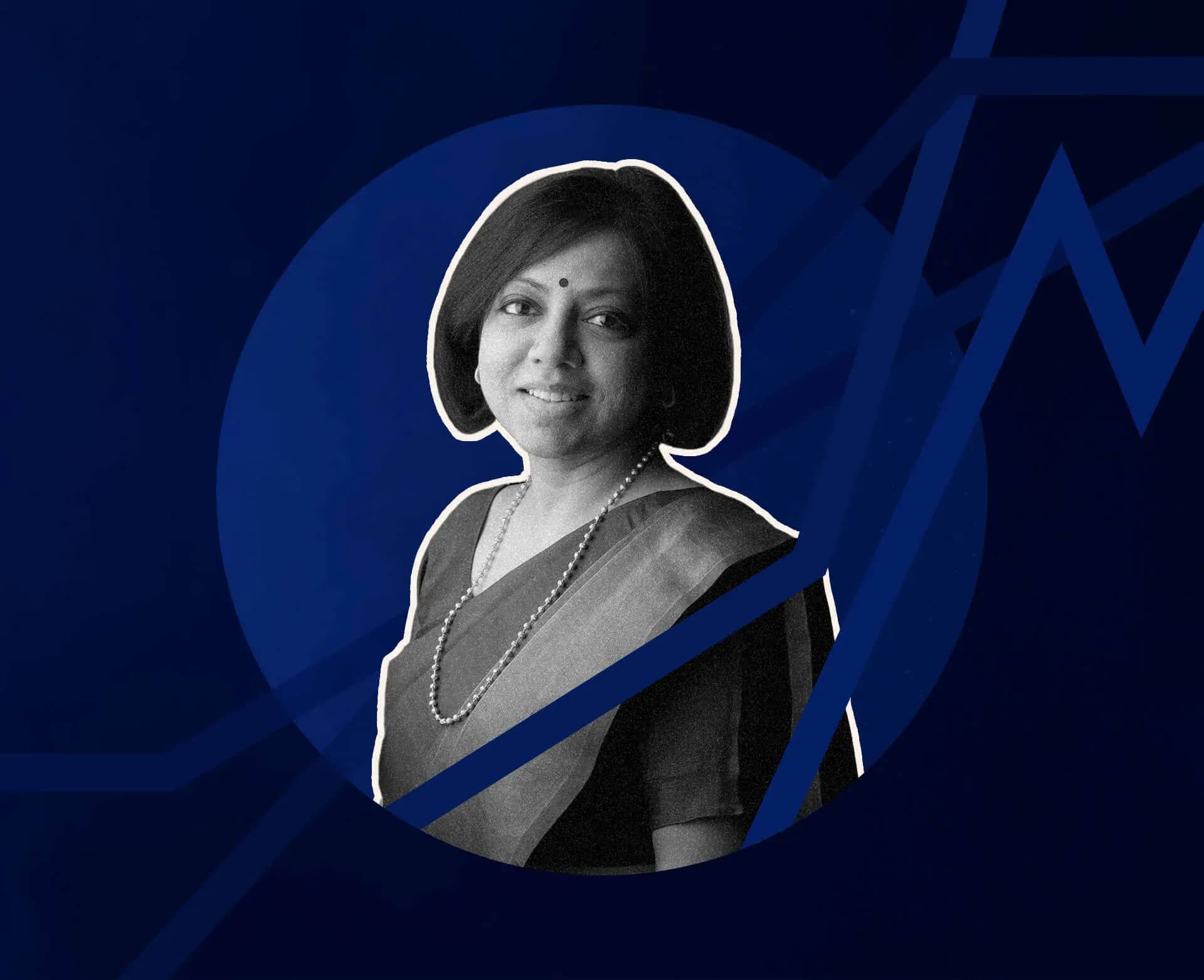 Waterfield Advisors impact investing, a monochrome portrait of a woman in a dark jacket and pearls against a navy background.
