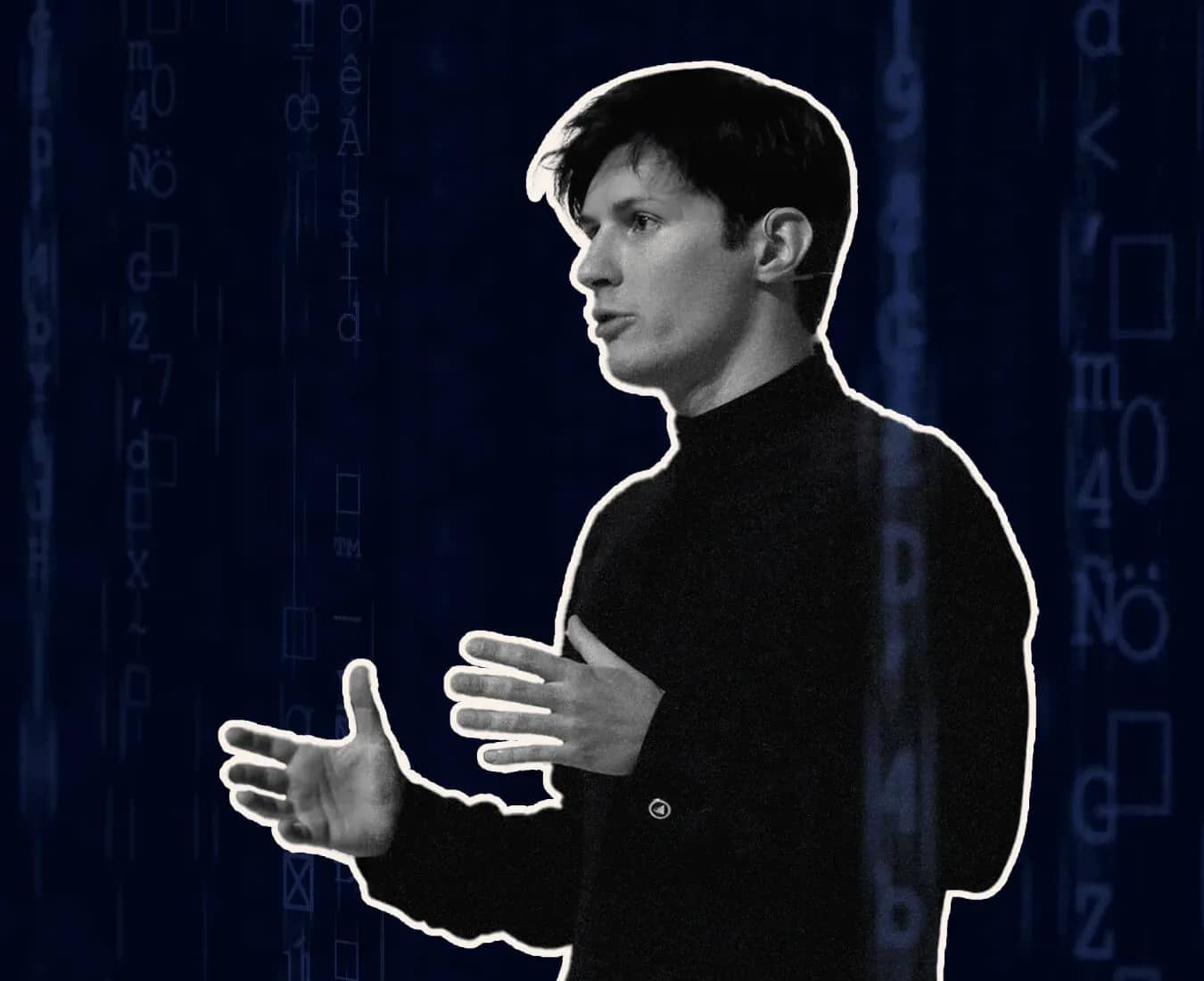 Pavel Durov wealth, a silhouetted figure in a black turtleneck against a dark blue background of scattered letterforms.
