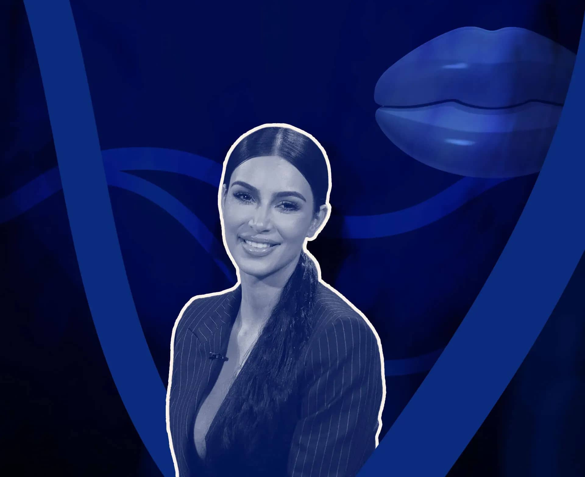 Kim Kardashian wealth management, a monochrome portrait of Kim Kardashian smiling against overlapping blue curves.
