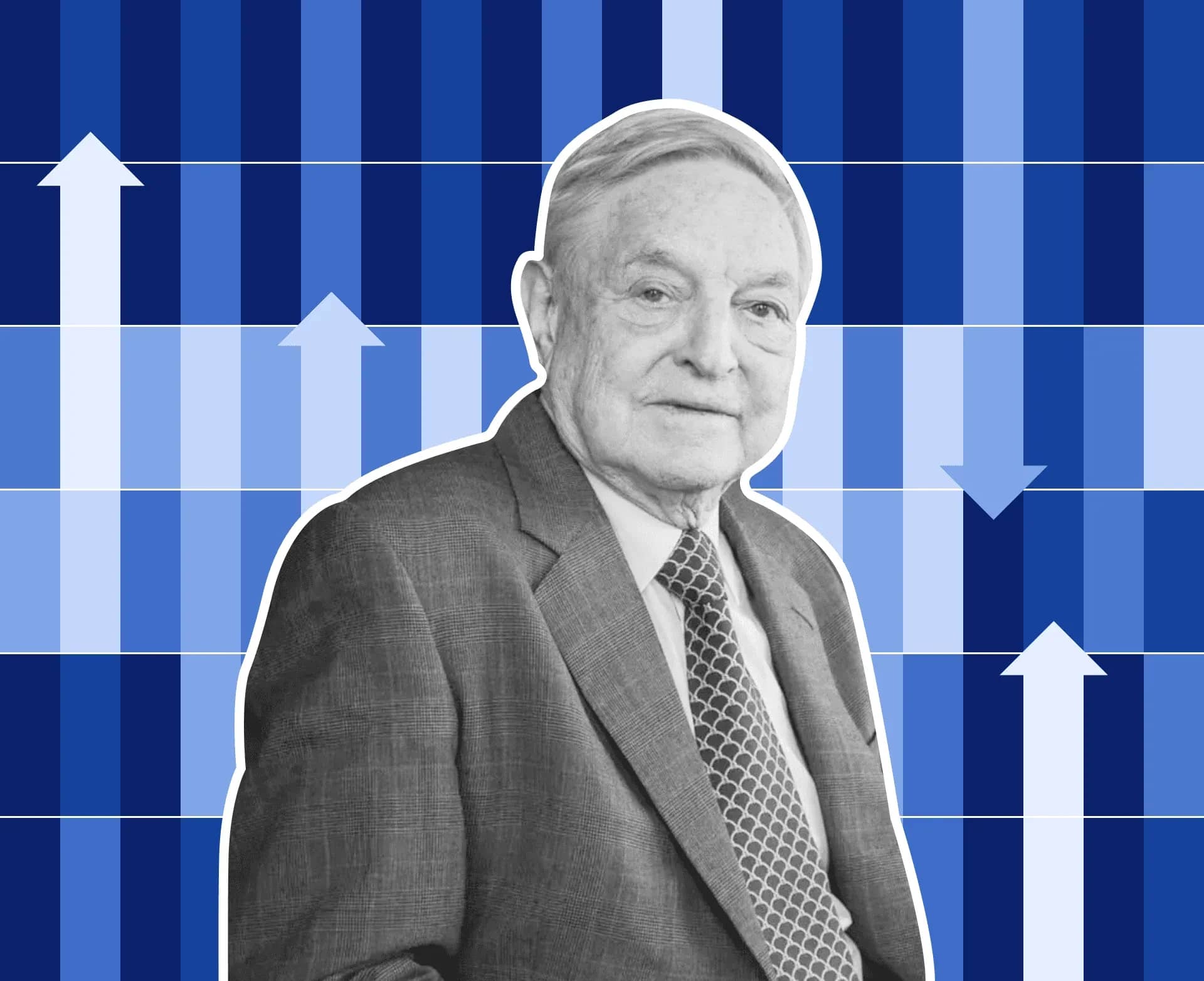 Soros Fund Management, a monochrome portrait of George Soros against vertical bands of blue with a downward arrow.