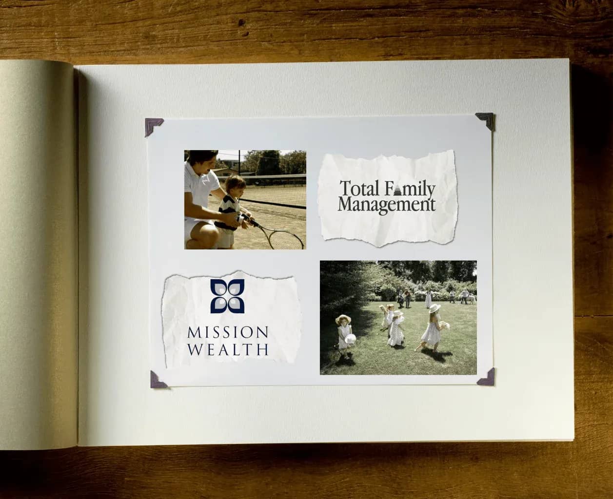 Total Family Management, a wall of pinned photographs beside a paper sign reading Total Family Management.