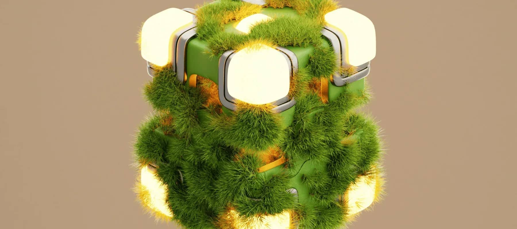 The AI adoption paradox, a moss-covered cube form glowing against a tan background.