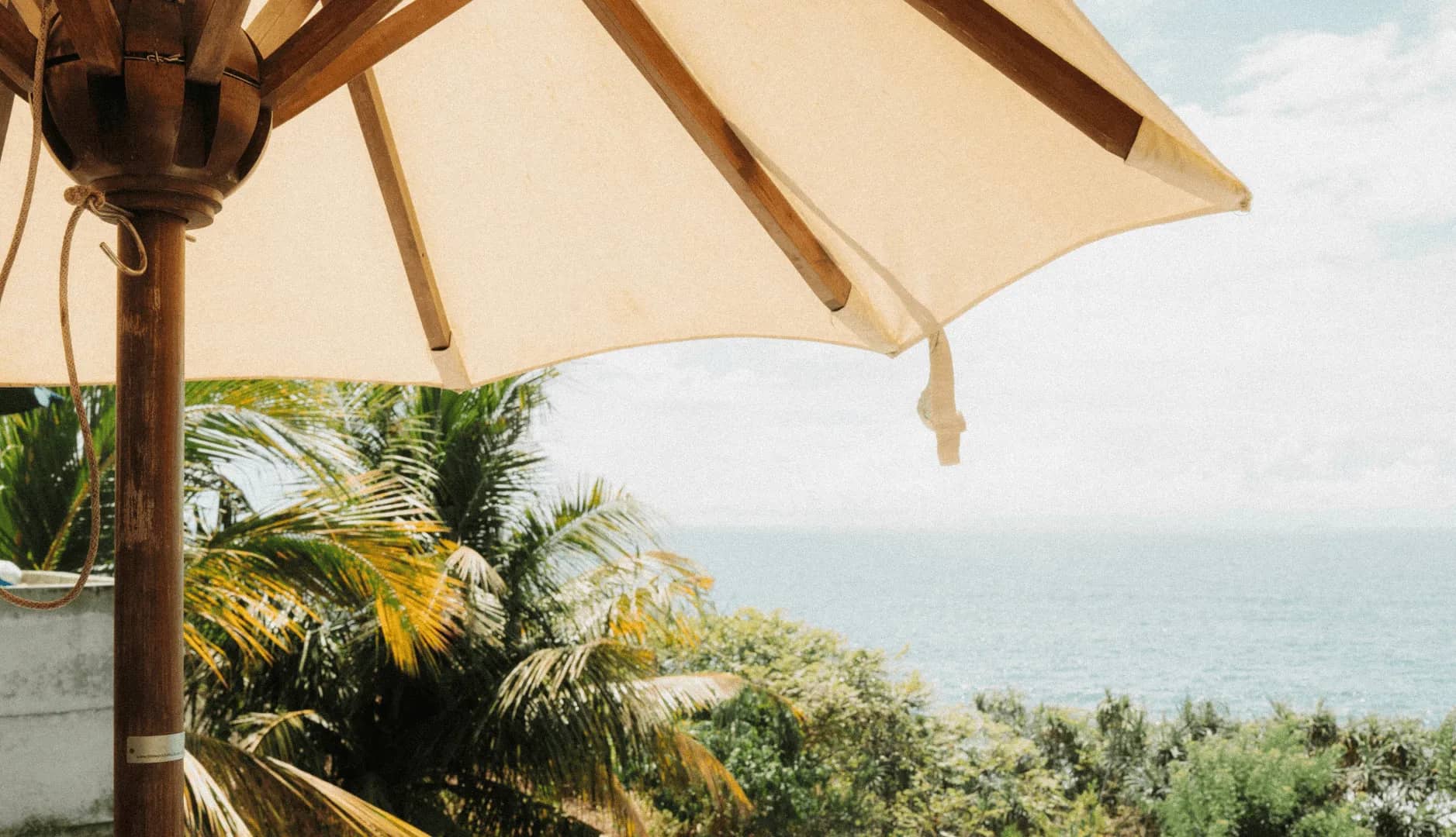 Lifestyle management concierge, a canvas parasol angled over palm fronds beside a pale sea.