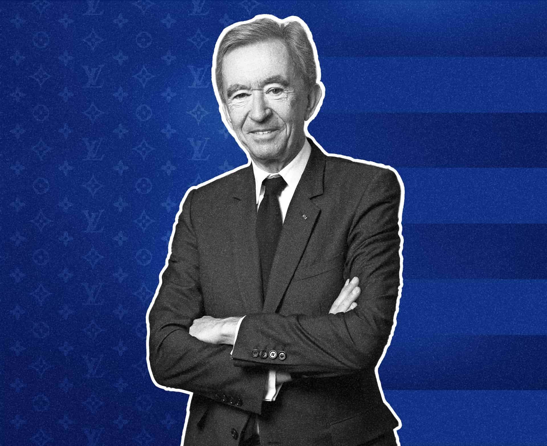 Bernard Arnault family office, a monochrome portrait of a man with folded arms against a blue monogram pattern.