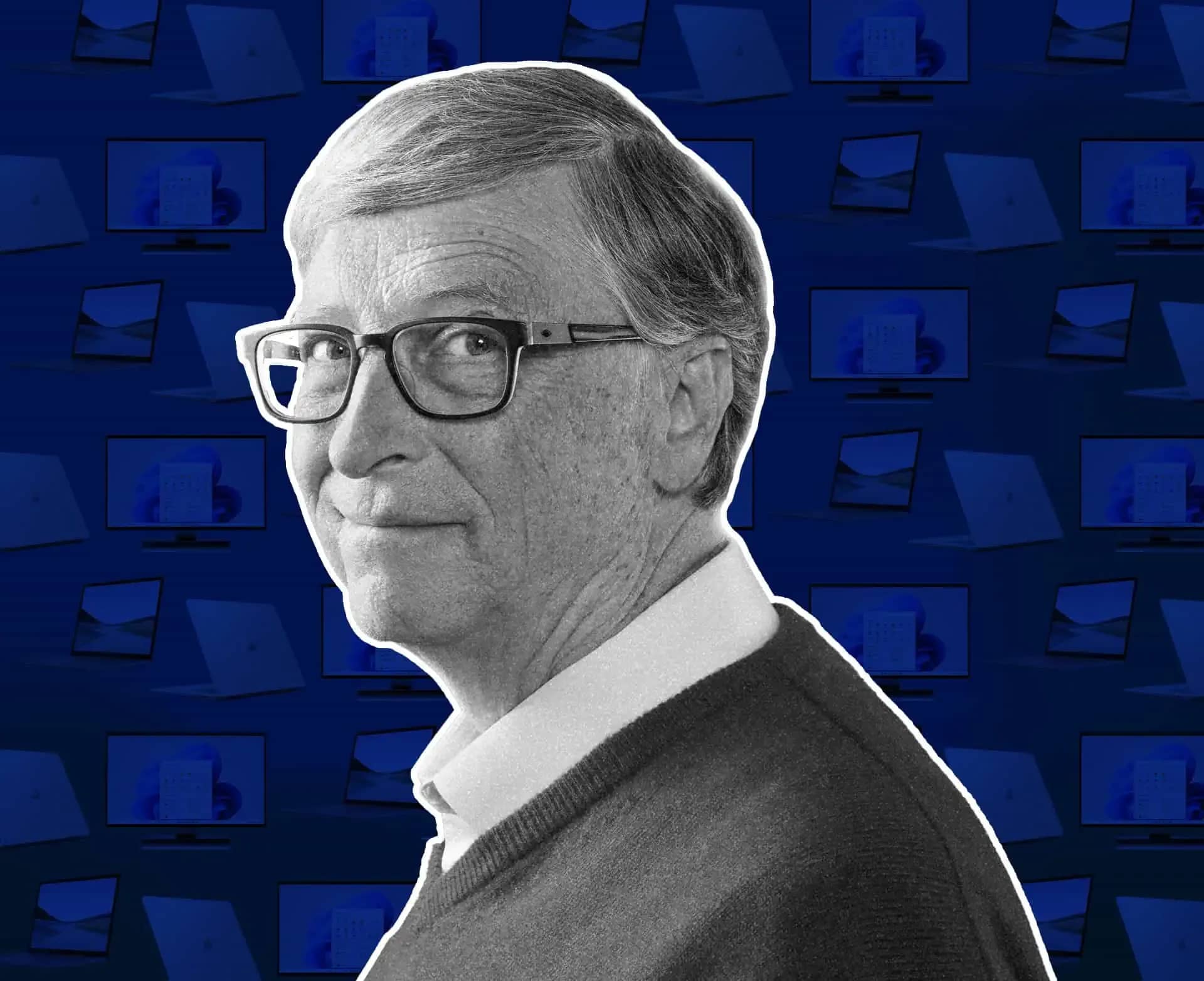 Cascade Investment, a monochrome close-up of Bill Gates against a navy background of computer monitors.
