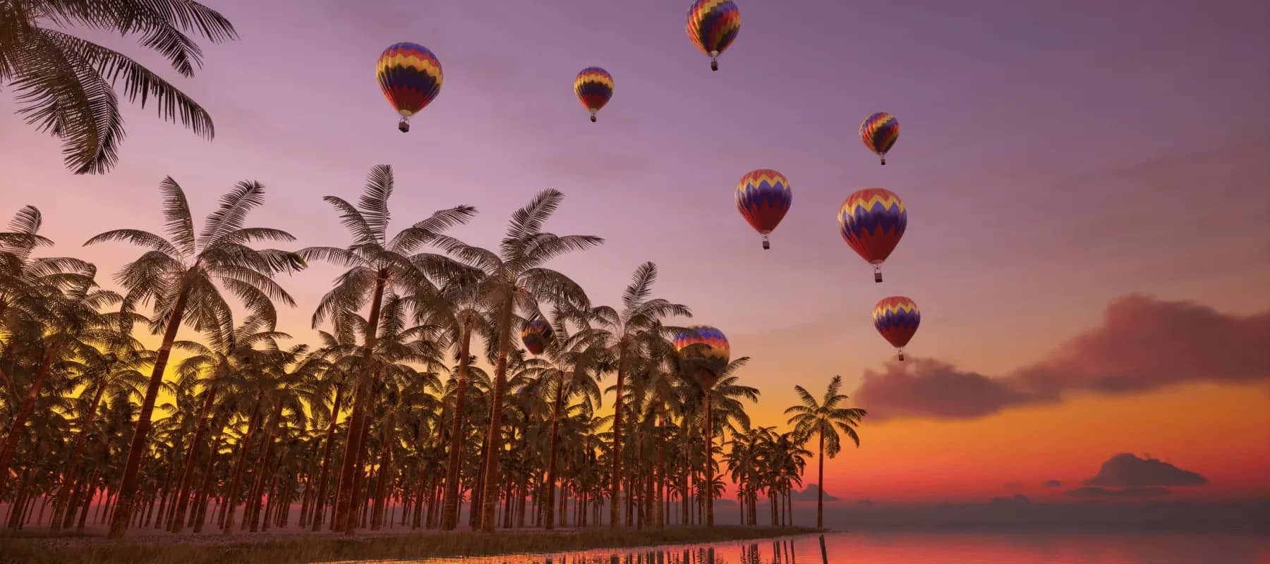 Second citizenship options, hot air balloons drifting above palm trees at sunset.