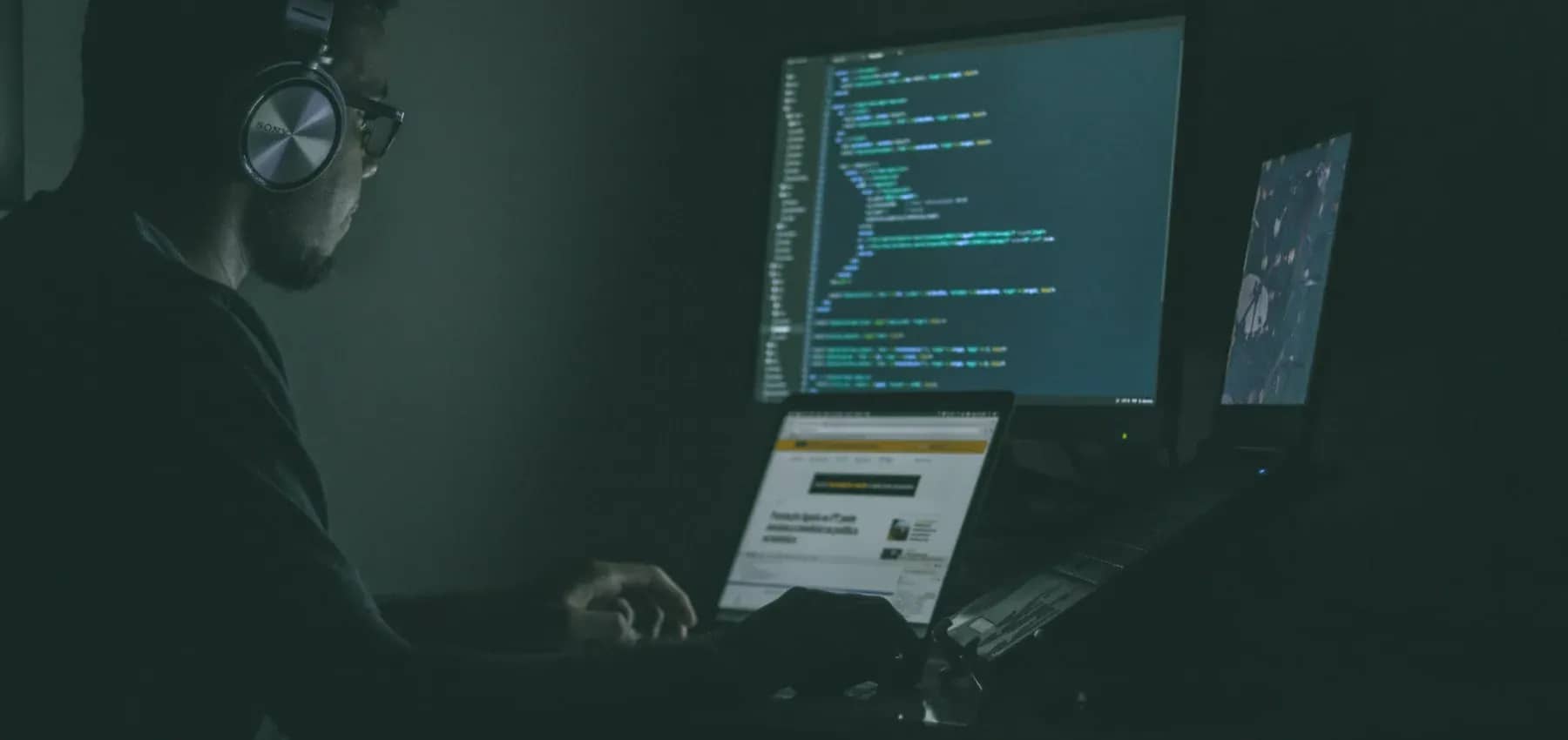 Family office IT challenges, a person in shadow working before screens filled with code.