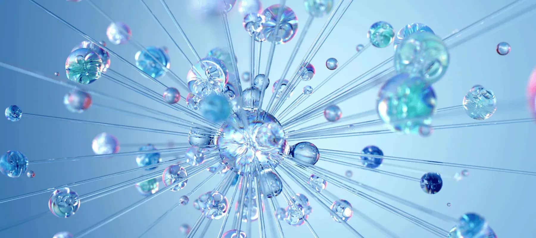 AI in family offices, glass spheres radiating outward on a pale blue field.