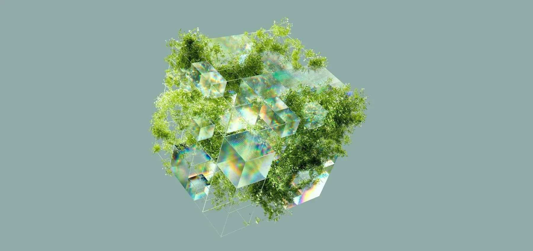 Family office health insurance, a floating crystalline island planted with trees on a sage background.