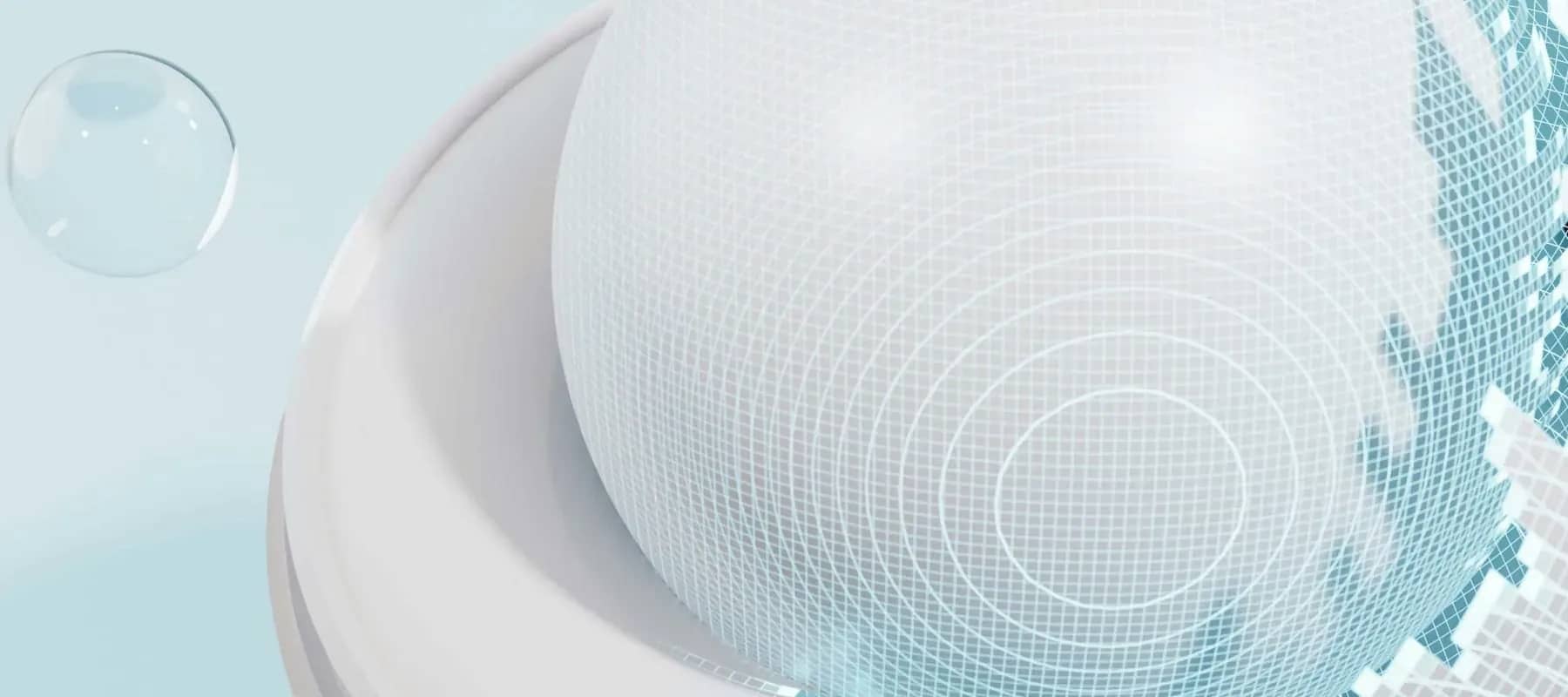 Nordic wealthtech, pale spheres beside a fine wireframe grid.