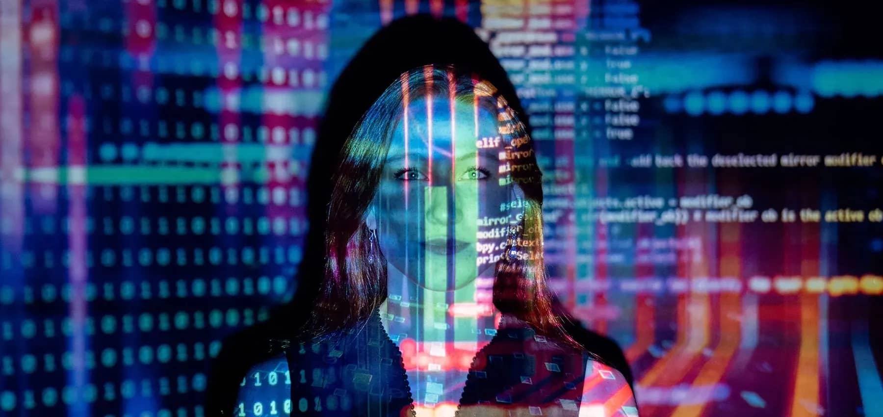Family office running costs, a face overlaid with projected code and coloured data.