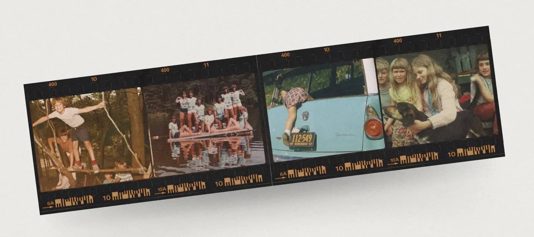 Family legacy and social fitness, a strip of vintage colour film negatives showing children playing.