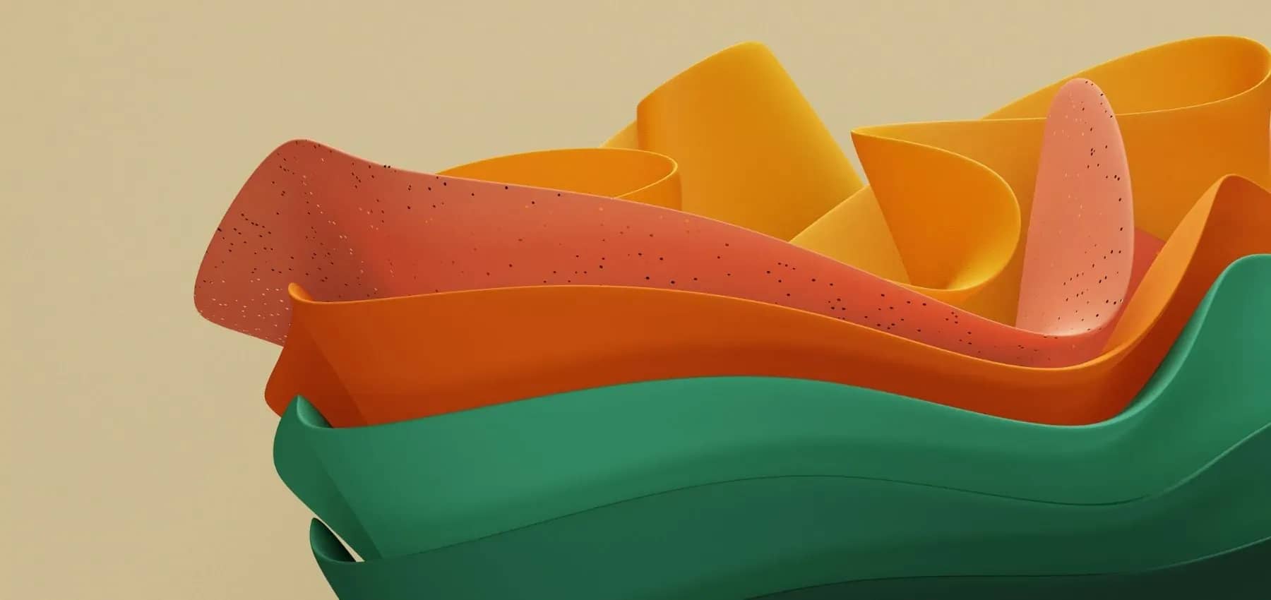 Family office technology ecosystem, folded orange and green ribbons curving against a pale background.