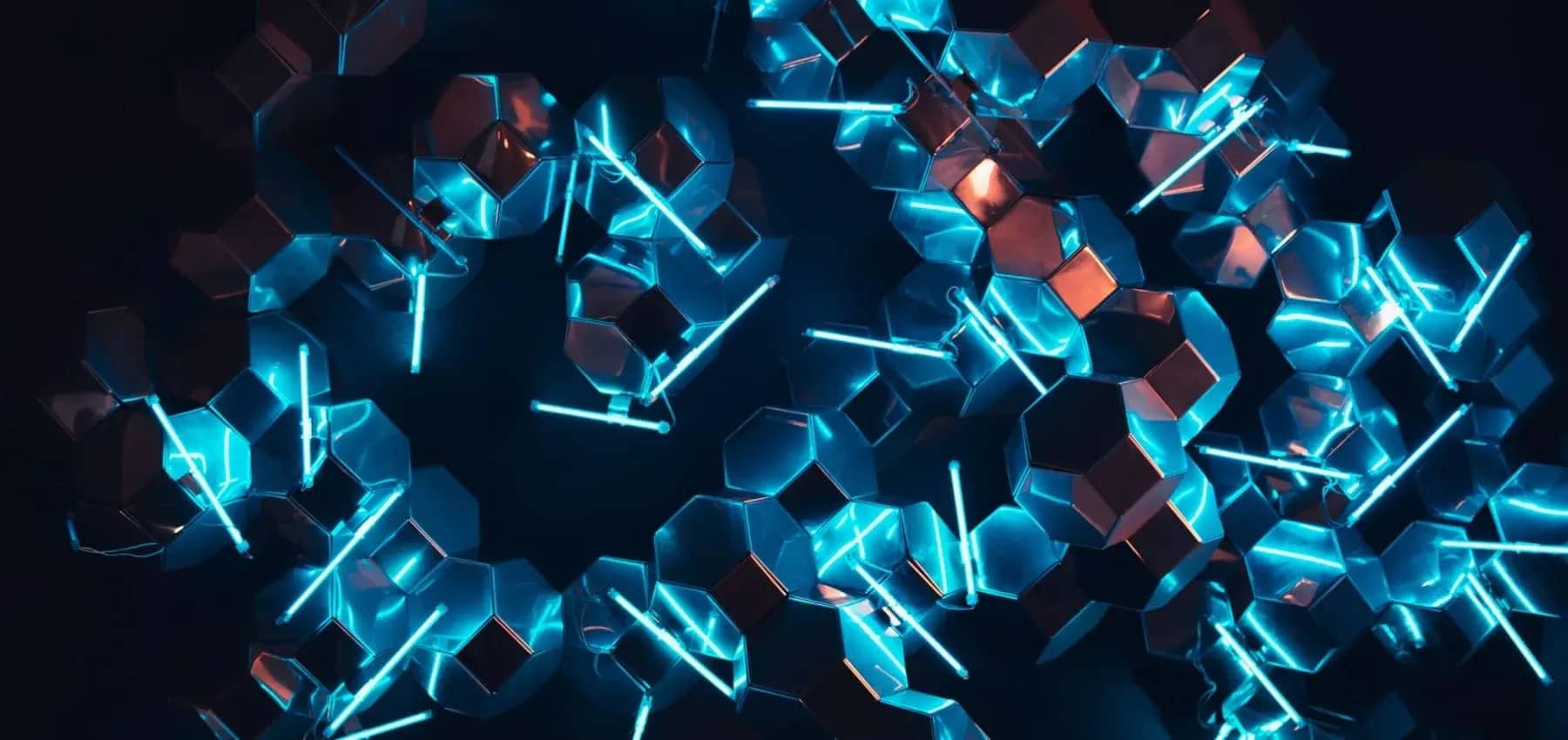Family office technology challenges, glowing blue geometric blocks in abstract formation.