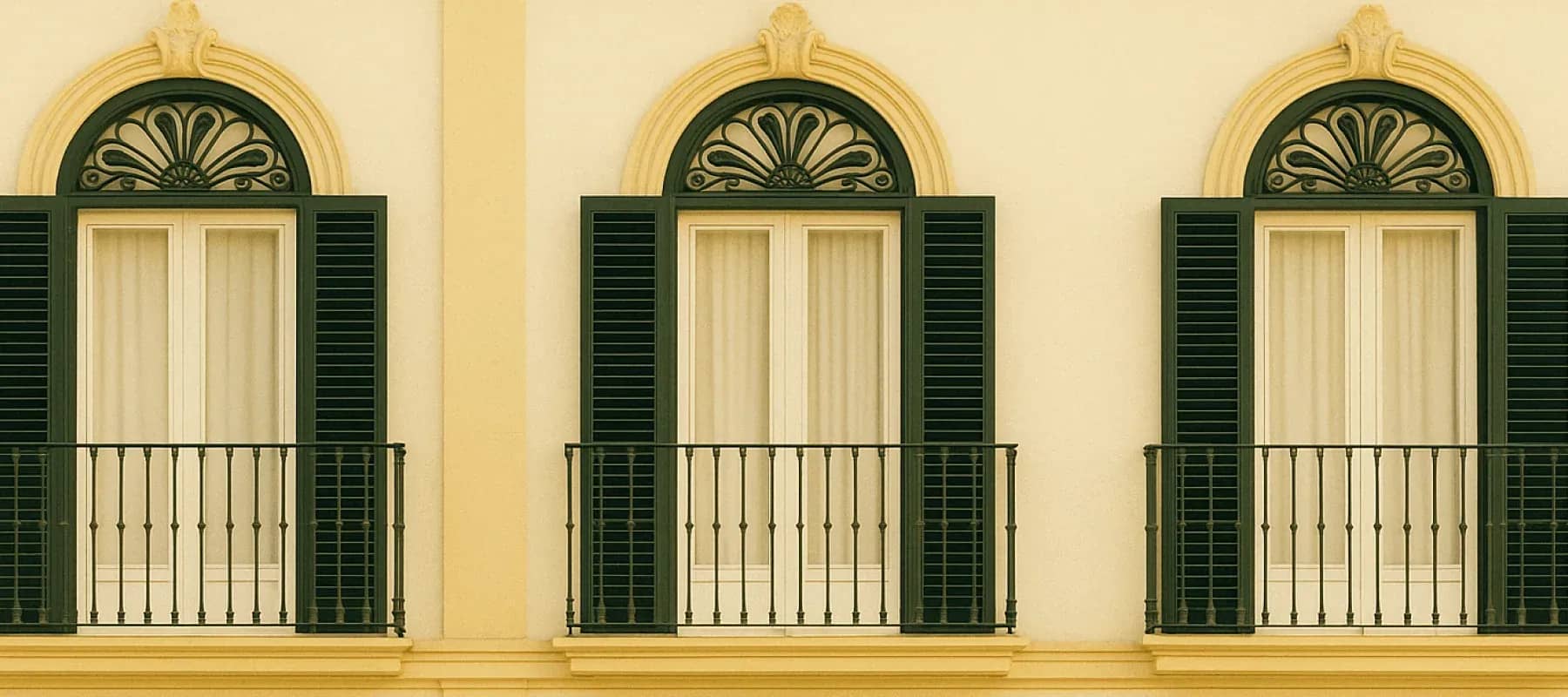 Managing family office households and properties, a pale facade of shuttered windows and iron balconies.