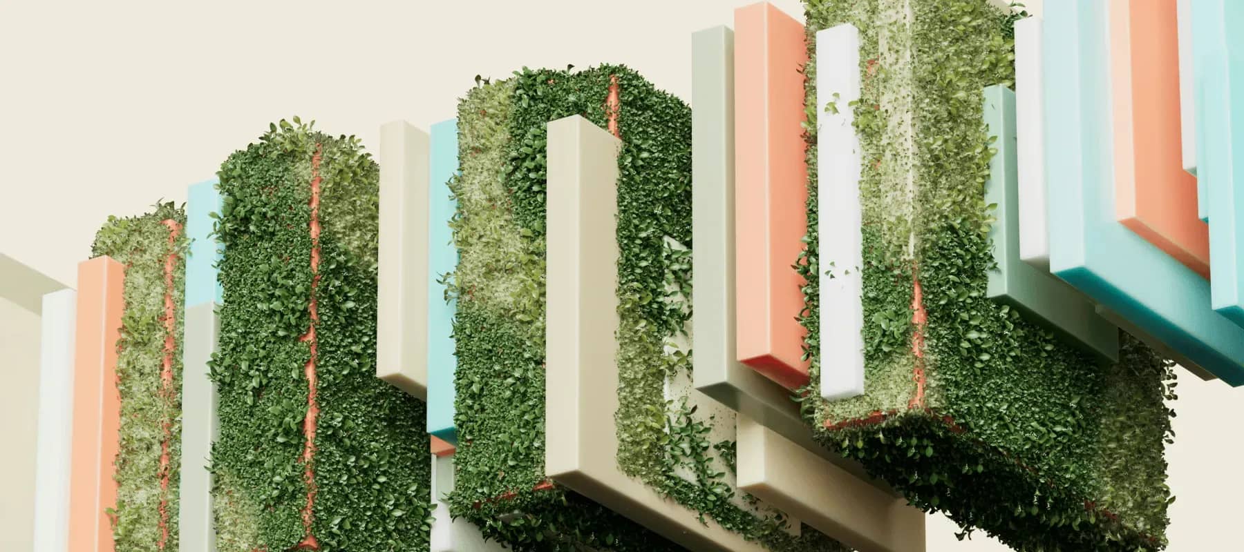 Integrated investment software, rows of tall columns draped in climbing greenery.