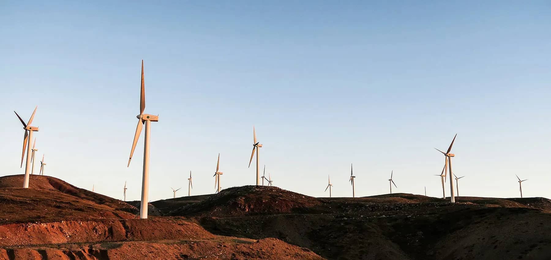 Becoming an impact investor, a wind farm of turbines silhouetted at dusk.