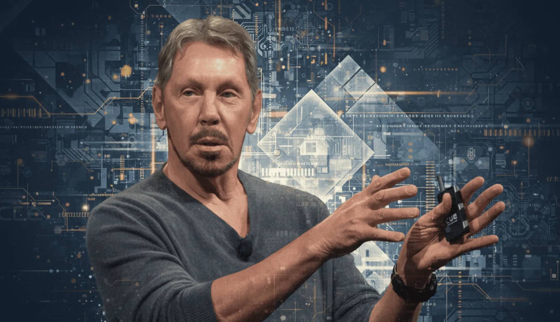 Larry Ellison family office, a portrait of the Oracle founder against a blue collage of circuit boards and data graphics.