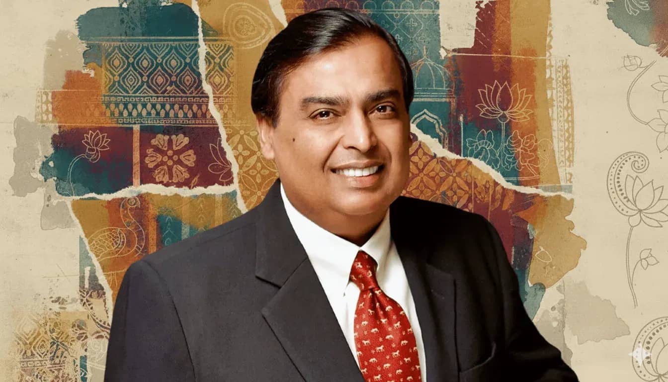 Mukesh Ambani family office, a portrait of Mukesh Ambani in a dark suit and red tie against a patterned backdrop.