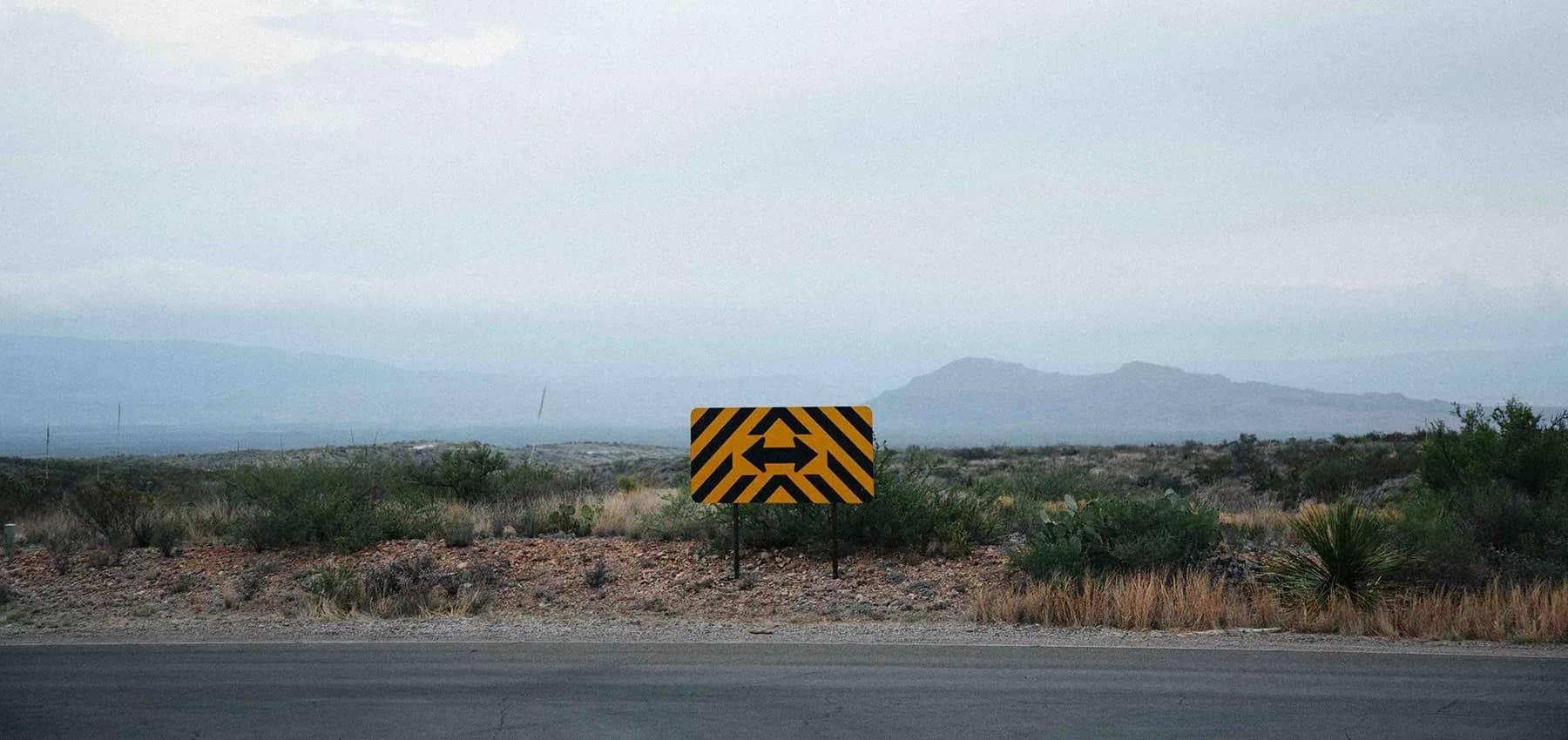 Neuroeconomics for the family office, a yellow and black chevron sign standing in scrubland below distant mountains.