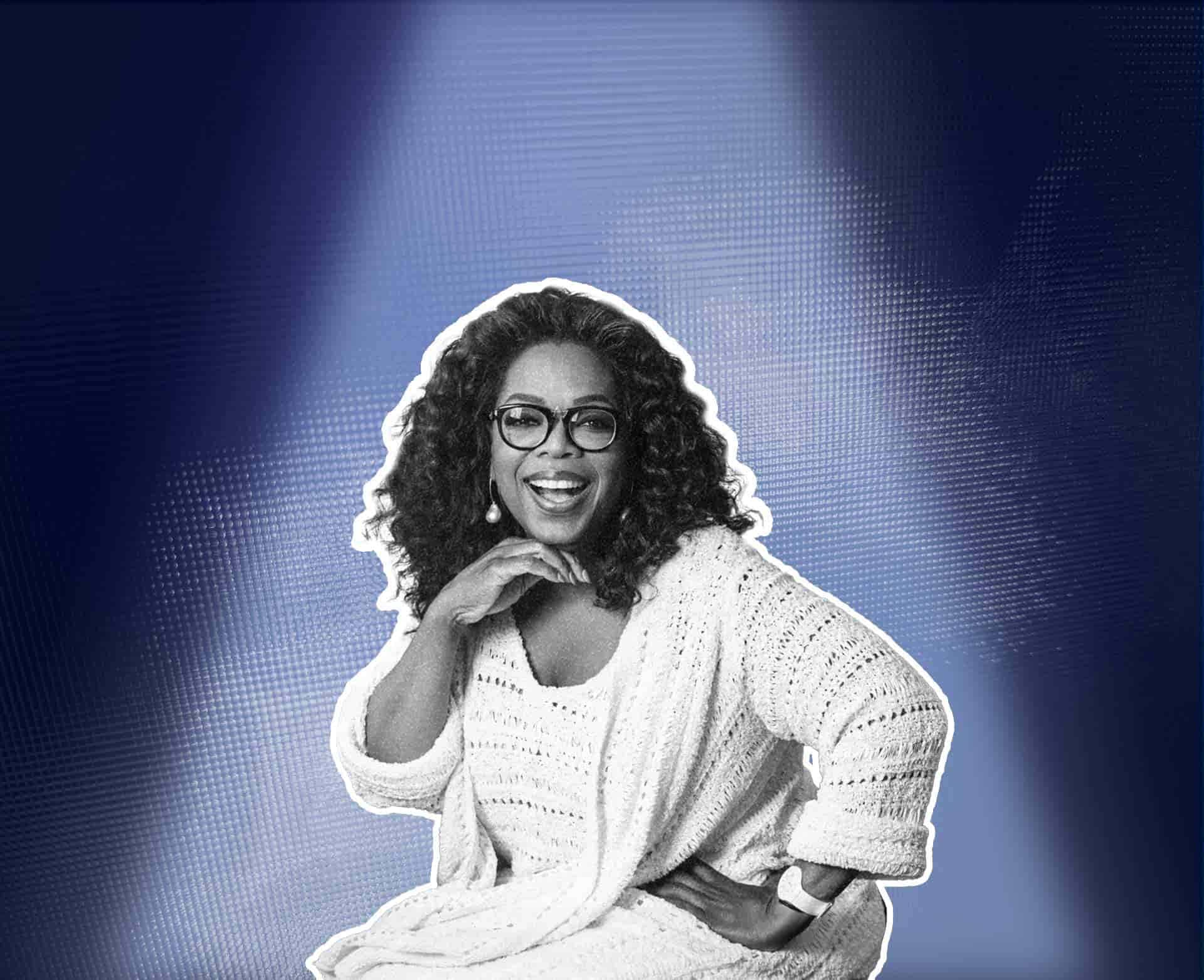 Oprah Winfrey investments, a monochrome portrait of Oprah Winfrey resting her chin on her hand against a blue halftone gradient.