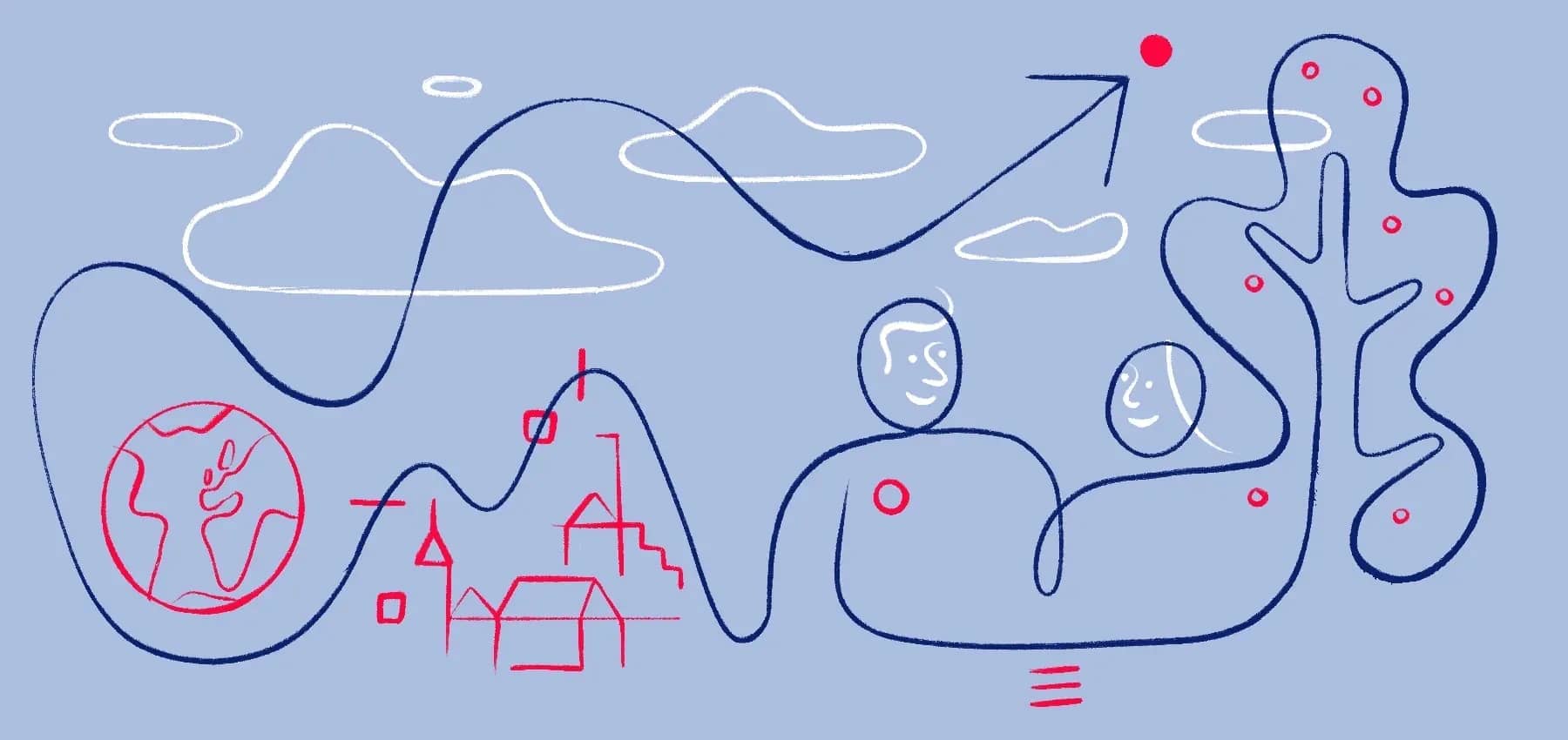 Impact investing and philanthropy, an illustration of abstract figures drawn in navy and red on pale blue.