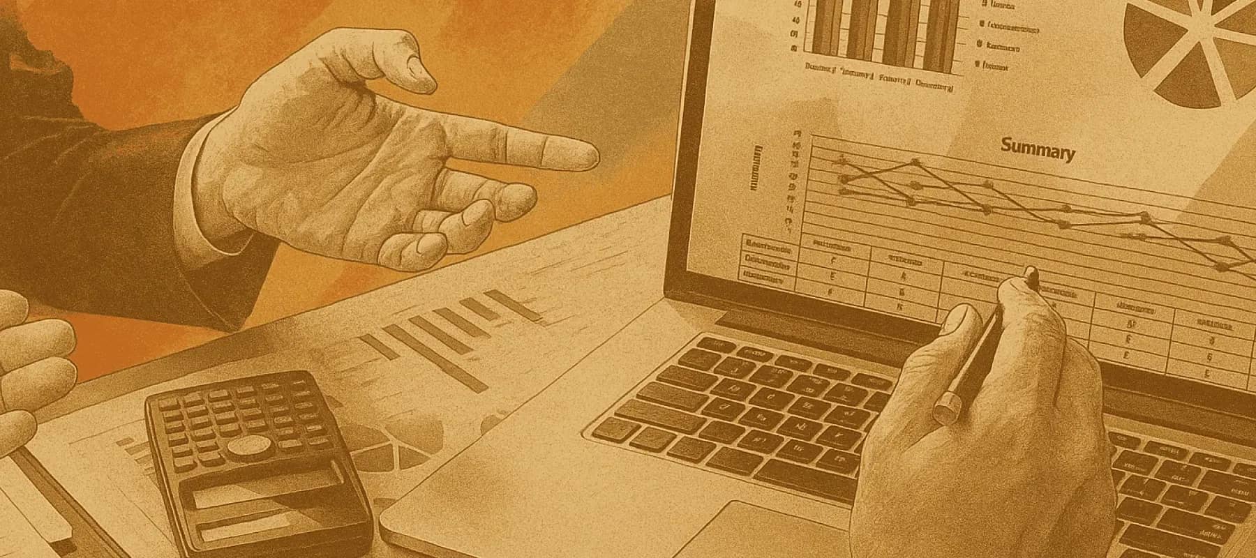 Strategic partnerships, a gold-toned illustration of hands working over a laptop and charts.