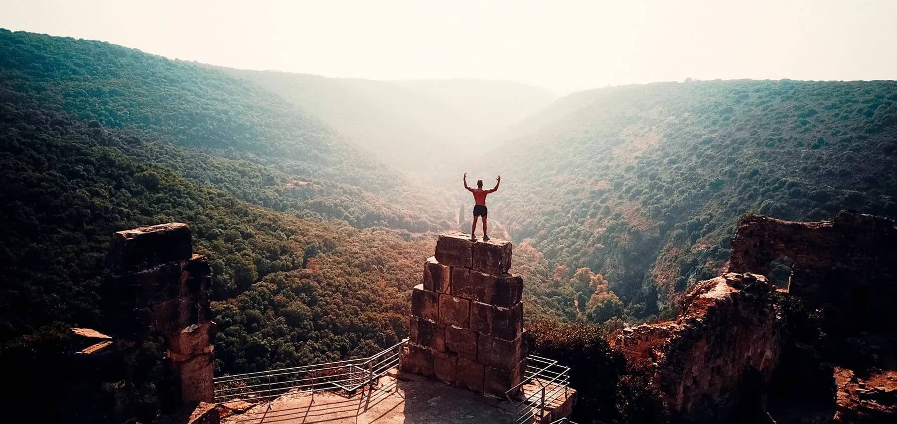Family office ownership strategy, a figure standing arms raised on a rocky outcrop above a forested valley at sunrise.