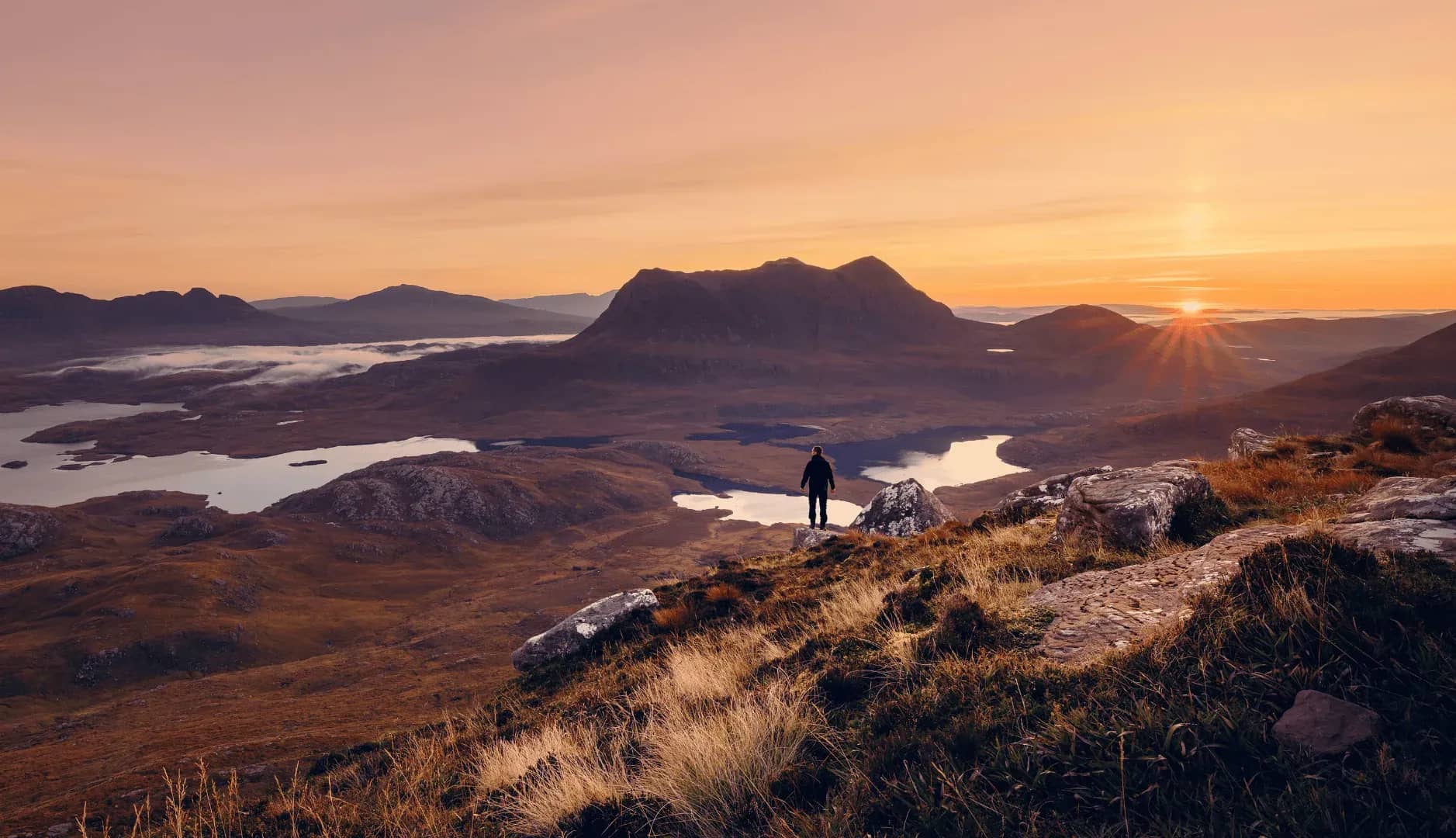 Family office portfolio control, a lone figure on a hillside looking across lochs and mountains at sunrise.