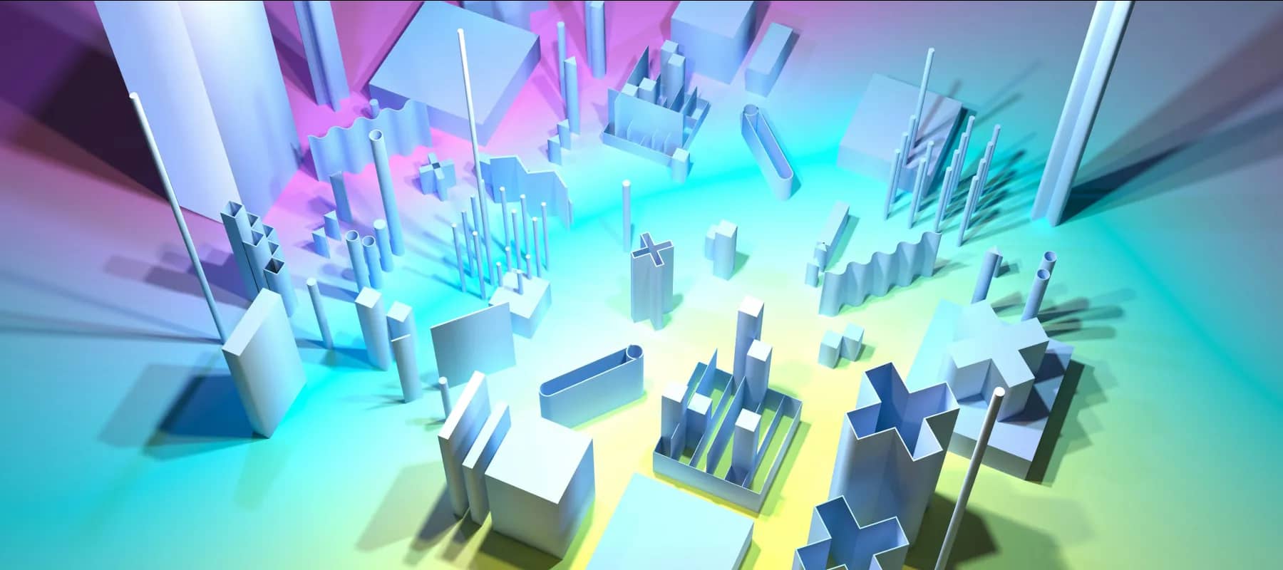 Wealth management software, an abstract cityscape of blocks rendered in cyan and white.