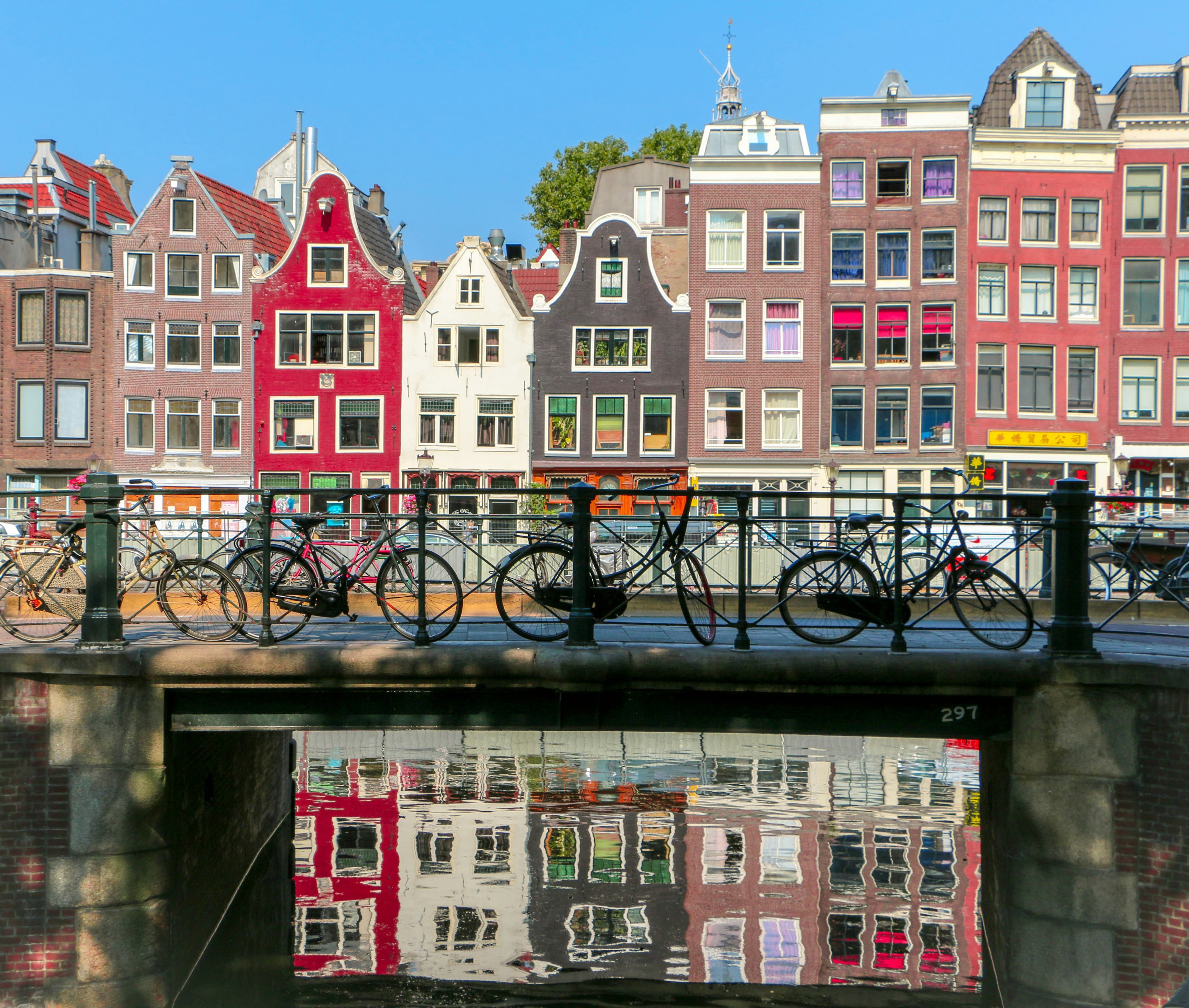 Traditional gabled canal houses reflected in an Amsterdam canal, Benelux family office hub