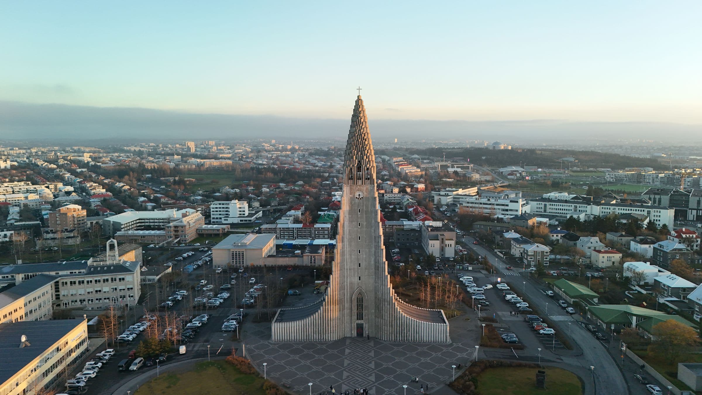 Aerial view of Hallgrímskirkja and central Reykjavik at sunrise, Iceland