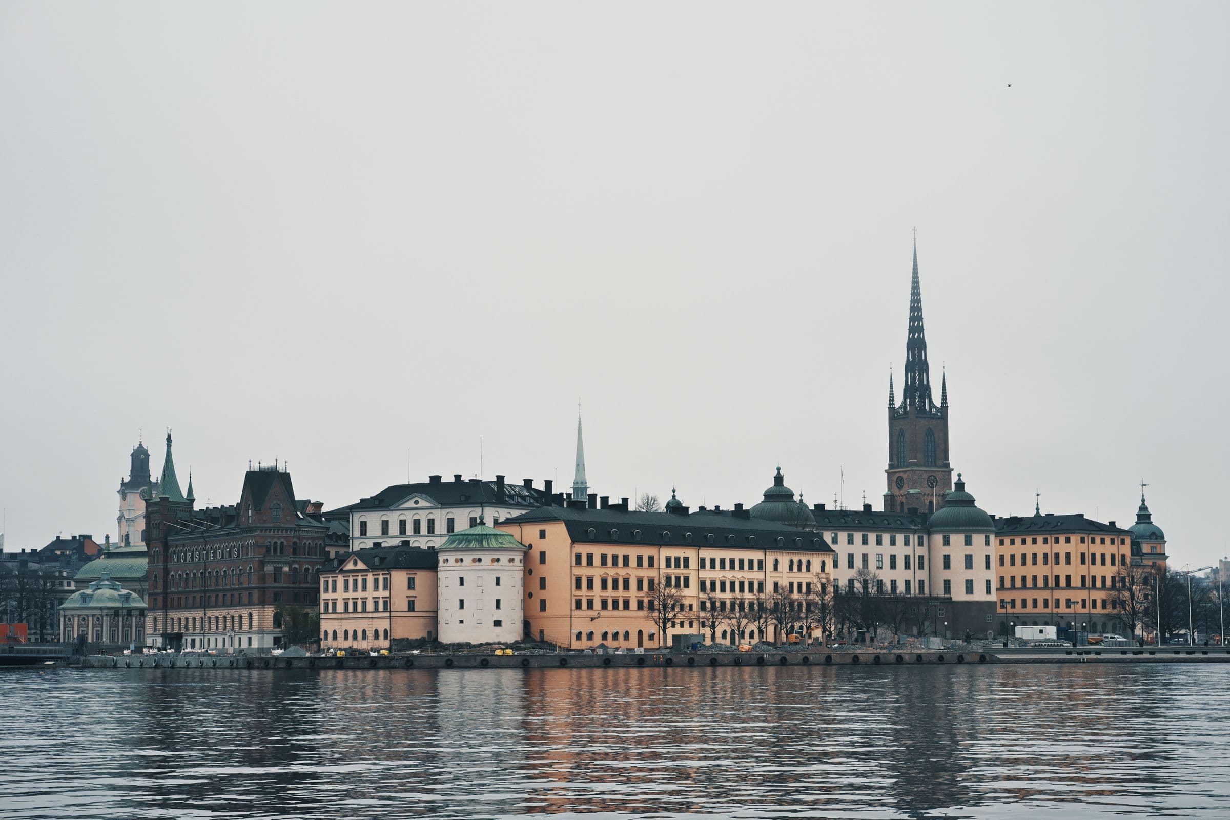 Gamla Stan and Riddarholmen Church across the water in Stockholm, Sweden