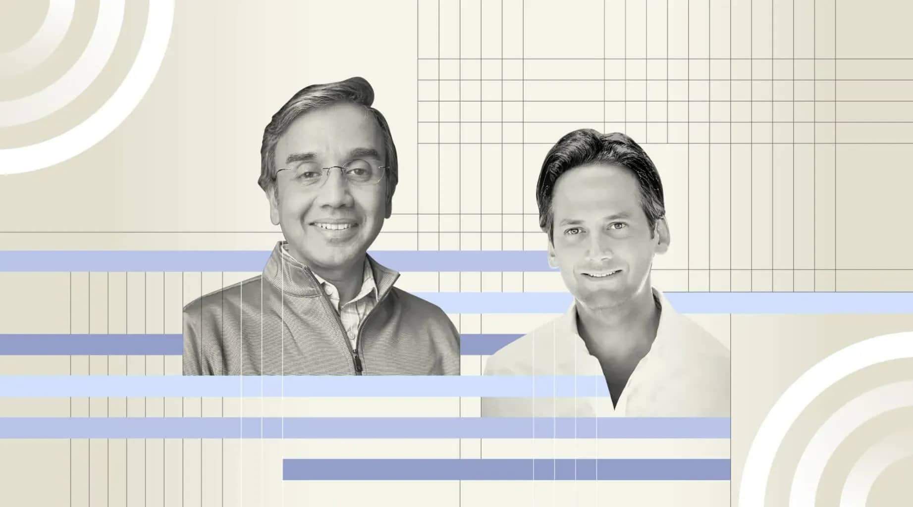 Data aggregation for family offices, portraits of two men on a cream and blue graphic background.