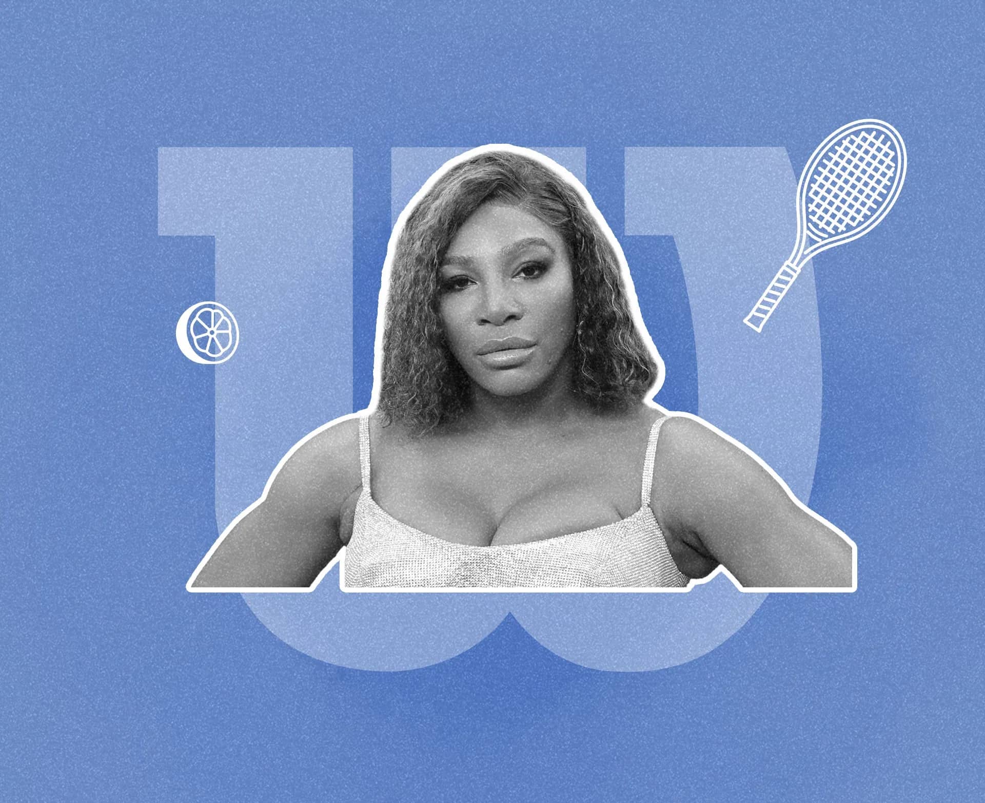 Serena Williams venture capital, a monochrome portrait of Serena Williams against pale blue with tennis ball and ladder line drawings.