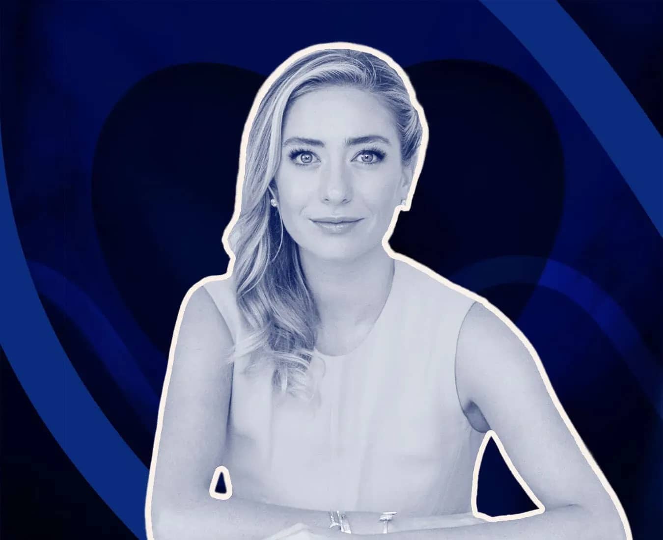 Whitney Wolfe Herd wealth, a monochrome portrait of the Bumble founder in a white dress against a navy background.