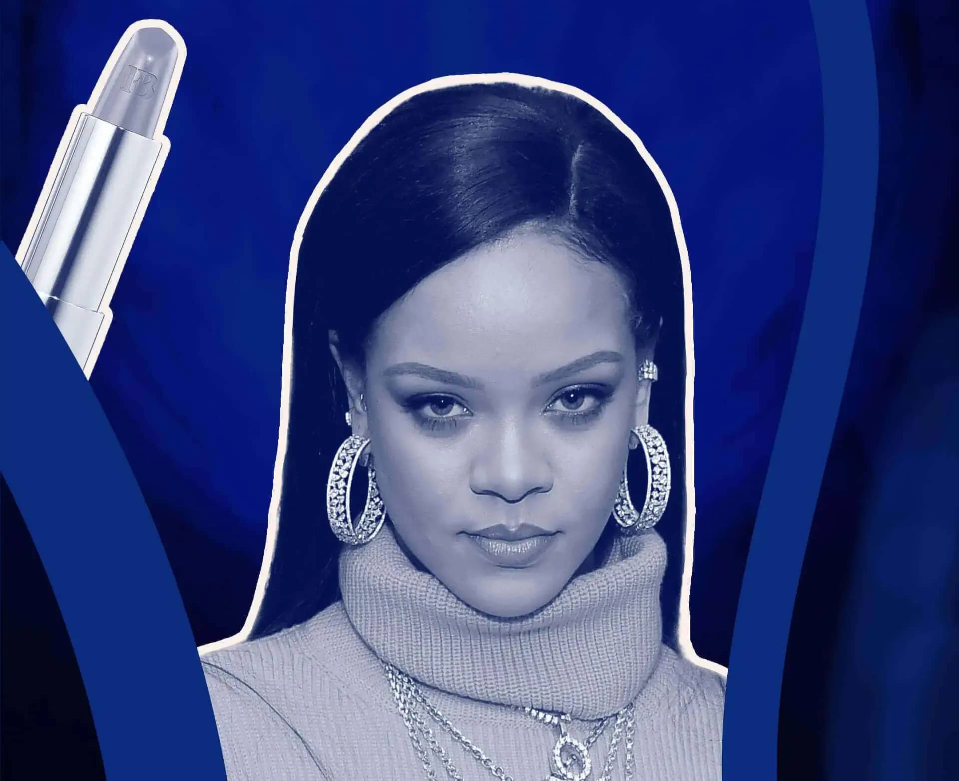 Rihanna family office, a monochrome close-up of Rihanna in hoop earrings against a dark blue geometric backdrop.