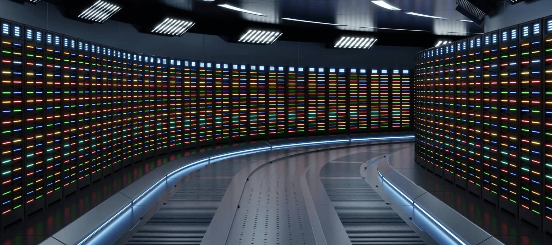 Family office software readiness for AI, a curved wall of coloured server lights in a dark room.