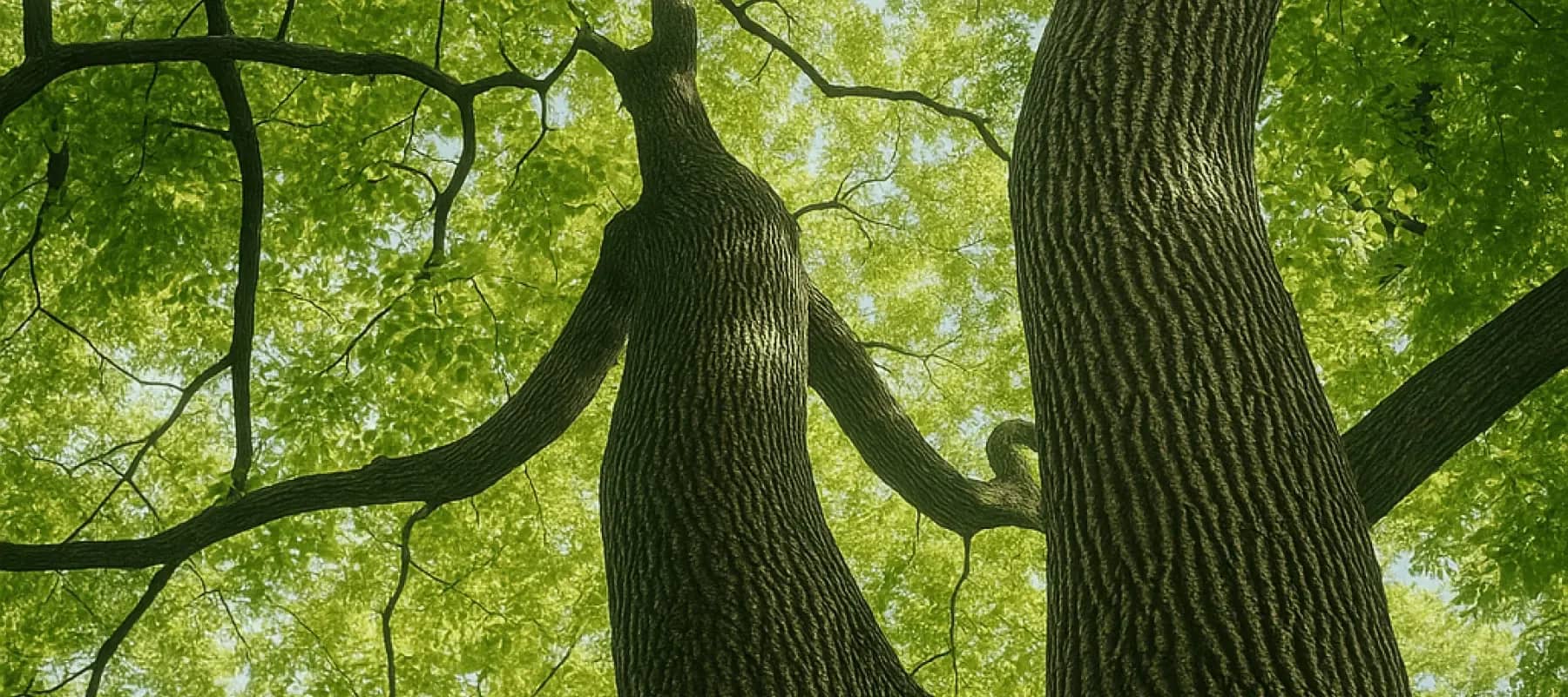From learning to action, looking up the trunks of tall trees in a green forest.