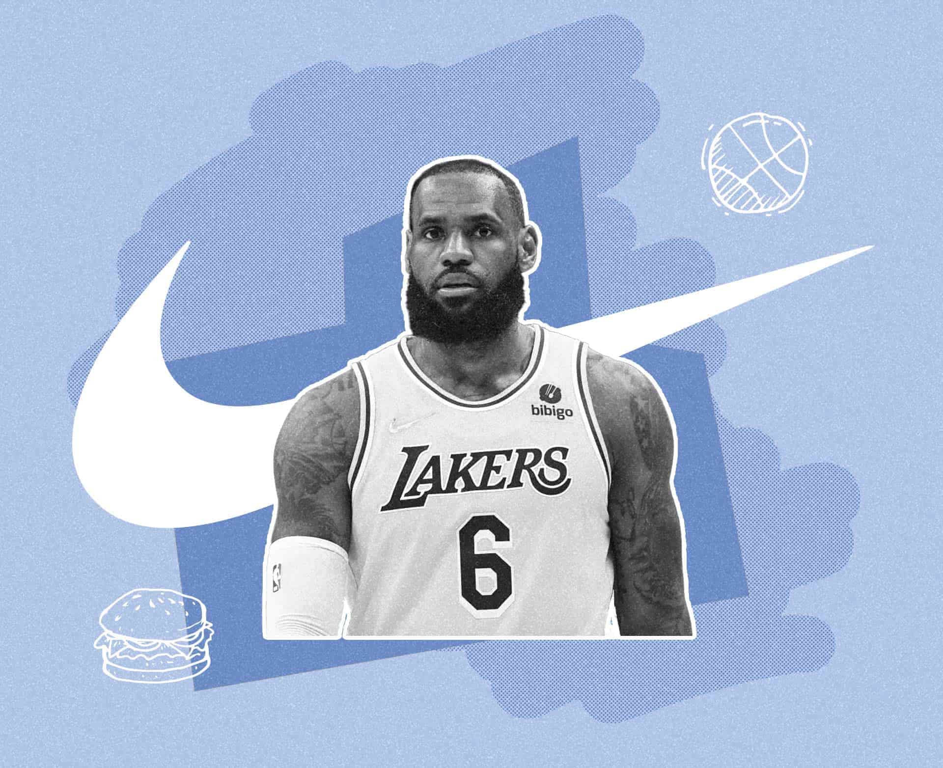 LRMR LeBron James family office, a monochrome portrait of LeBron James in a Lakers jersey against pale blue with a swoosh graphic.